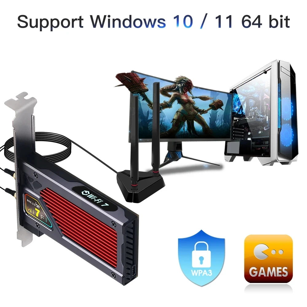 WiFi 7 BE8800RGB PCIE 무선 네트워크 카드 BT5.4 확장 베이스 Win10/11이 포함된 데스크탑 PC용 8774Mbps 트라이 밴드 2.4G/5G/6GHz