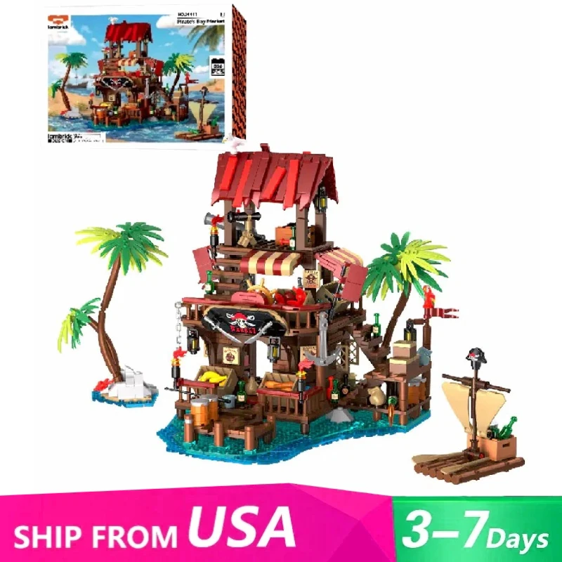 

MOC средневековые пиратские доски на рынке, набор строительных блоков, идея, дом копья, архитектурная модель, сборные игрушки, детский рождественский подарок