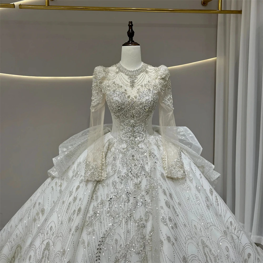 

Customized Boho Ivory Organza Wedding Dress Elegant O-Neck Long Sleeves Bridal Gowns Soft A-Line Chapel Train Vestido De Novia