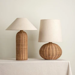 SANDYHA Japanese Rattan Desk Lamp Fabric Lampshade Warm LED Light Living Room Bedroom Study Home Decor