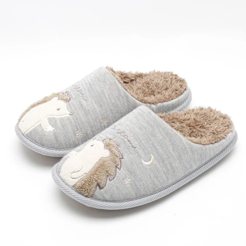 Winter Cartoon Embroidery Cute Hedgehog Women Fur Slippers  Family  Cotton Shoes Bedroom Mute Soft Soles Warm Men Fluffy Slides