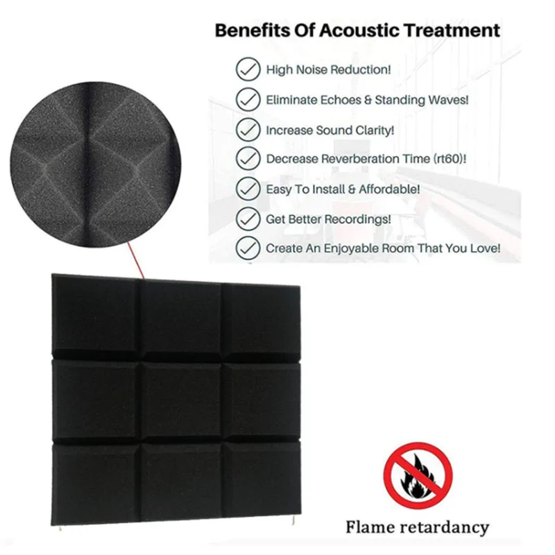 6 Pack 30X30x5cm  Acoustic Foam Panels, Beveled 9 Block Tiles, Sound Panels Wedges Soundproof Sound Insulation Absorbing