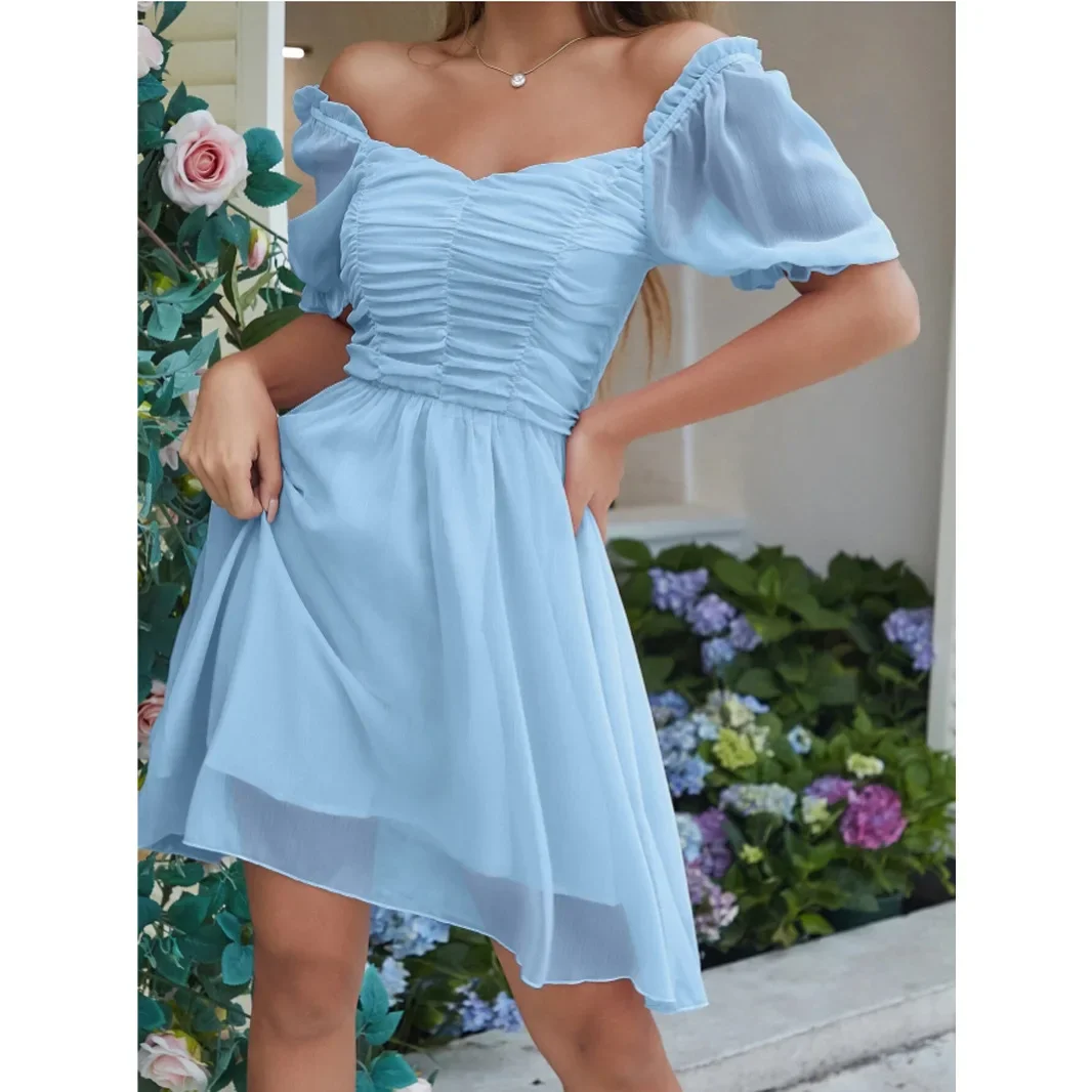 European and American Spring/Summer New Solid Color Bubble Sleeves Chicken Heart Neck Ruffle Dress