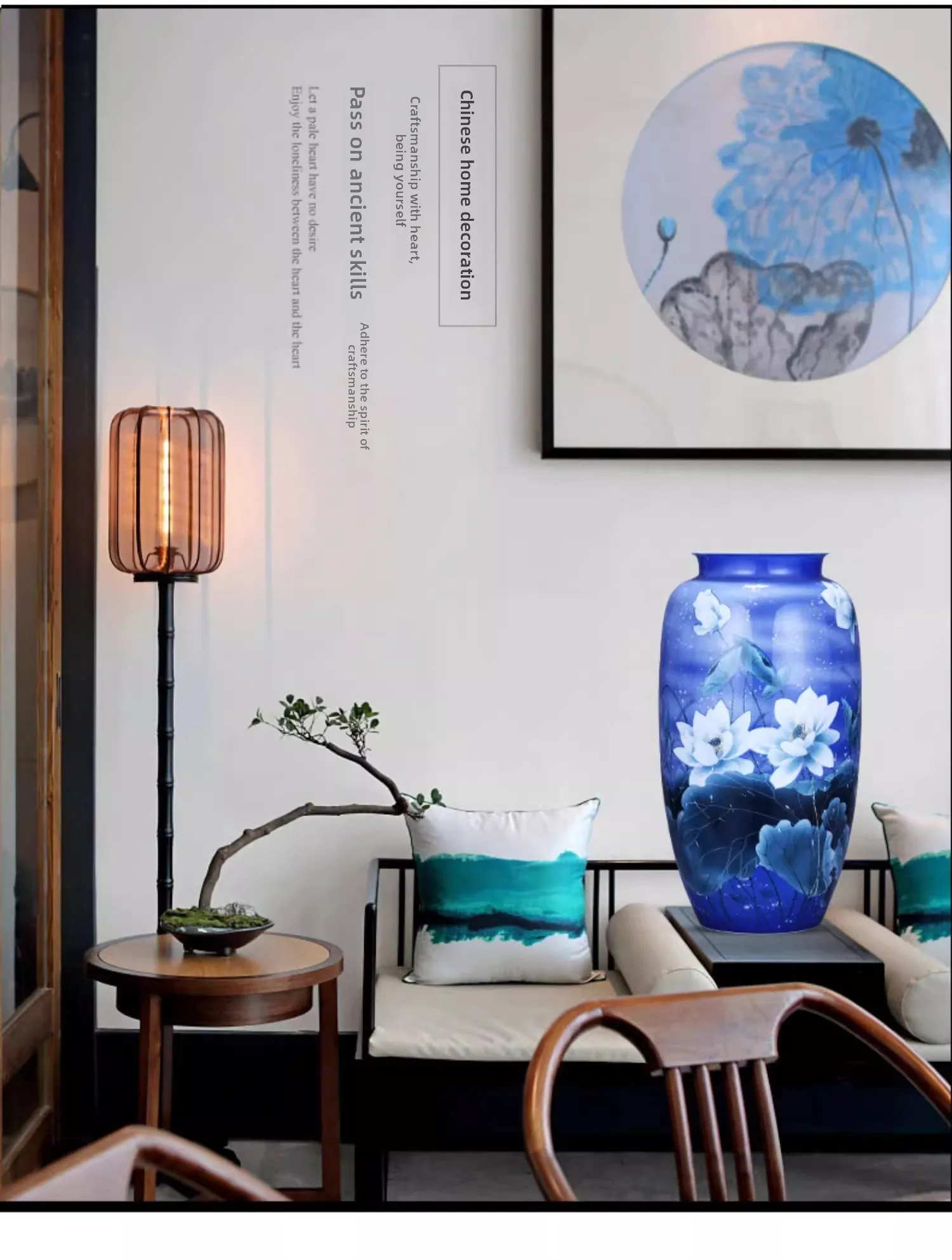 LMM hand-painted blue and white porcelain vase large ornament lotus pond fragrance ceramics