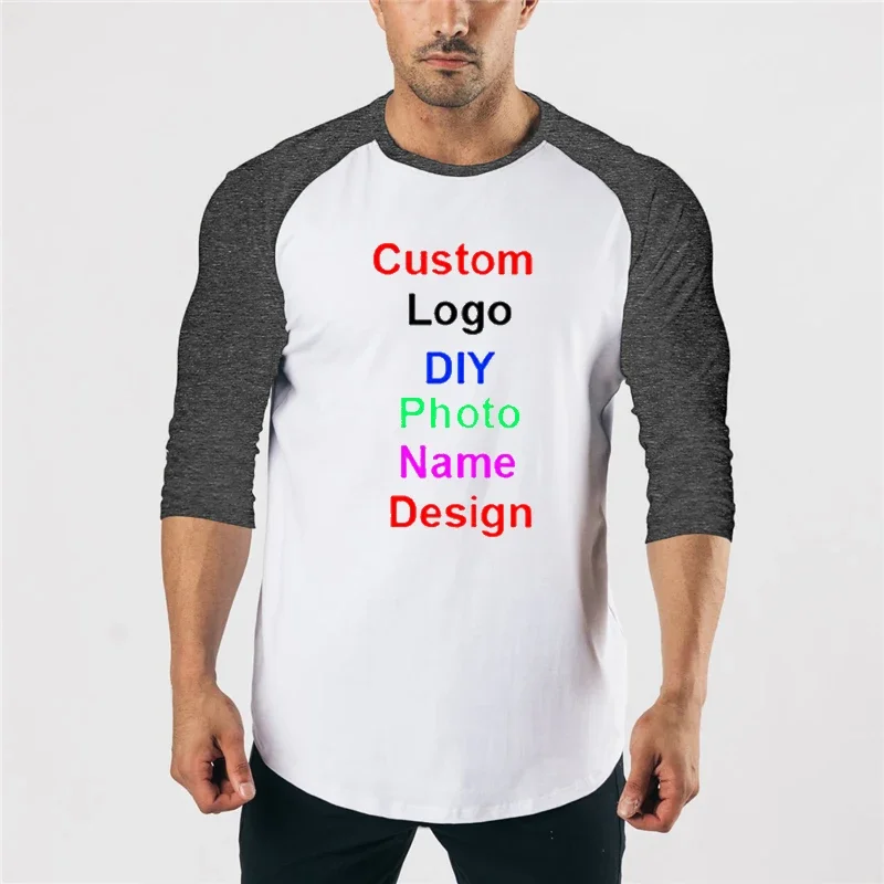 Customized Your Like Photo or Logo Your OWN Design T Shirt Three Quarter Sleeve Fitness T-shirt Men Solid Patchwork O-neck top