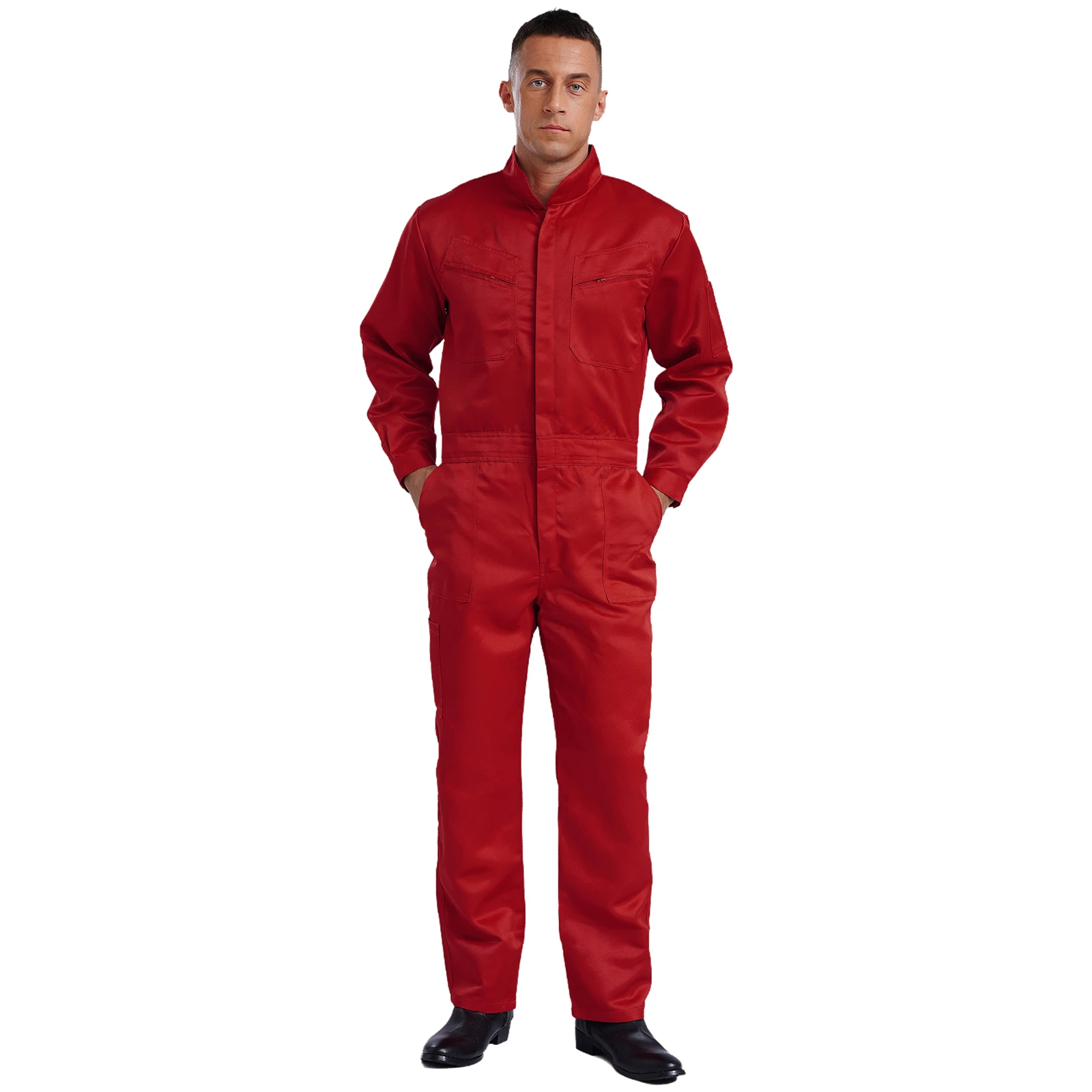 Mens 100% Cotton Overalls Bodysuit Stand Collar Long Sleeve Front Zip Multiple Pockets Work Coveralls Jumpsuit Work Uniforms