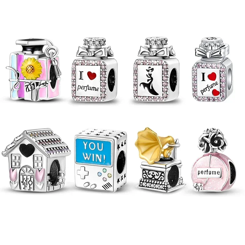 

925 Sterling Silver Perfume Bottle Gramophone Game Console House Beads Fit Original Pandora Charms Bracelets Women Gift Jewelry