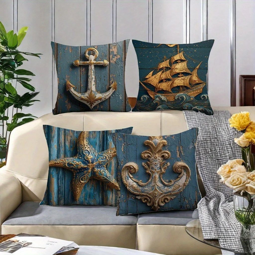 Marine anchor, ship, starfish pattern printing Short plush Suitable for living rooms bedrooms sofas (excluding pillow cores)