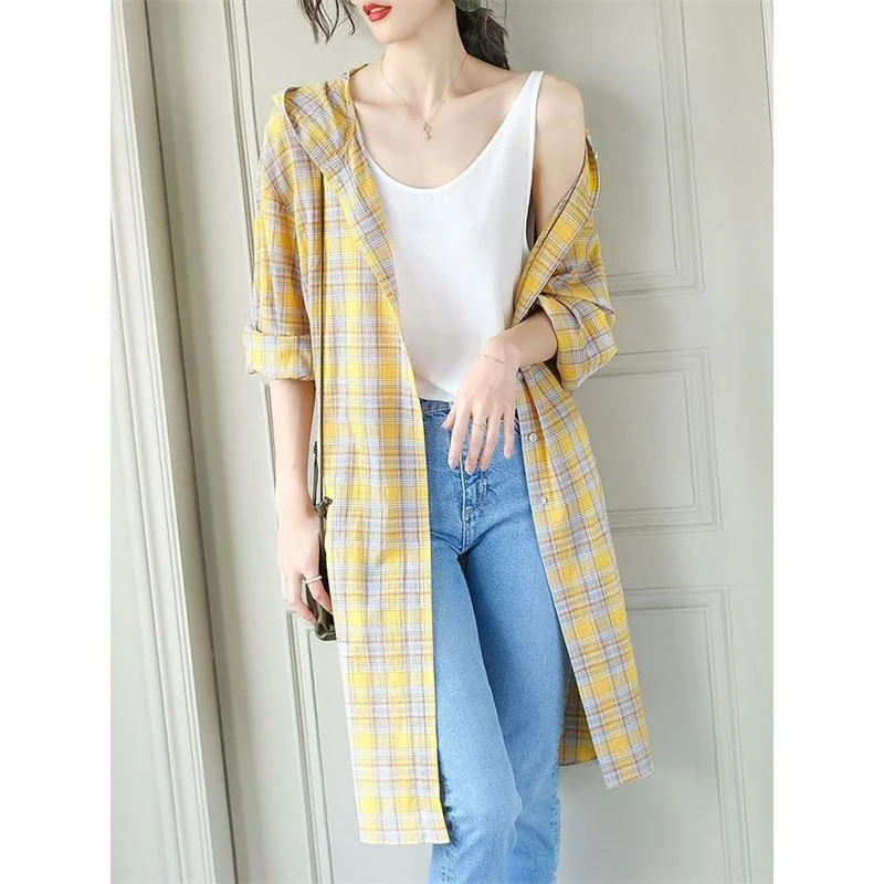 

Long Plaid Pure Cotton Shirt Female Casual Design Sense Summer Hooded Sunscreen Jacket Thin Shirt Jacket Women Shirts Blouse