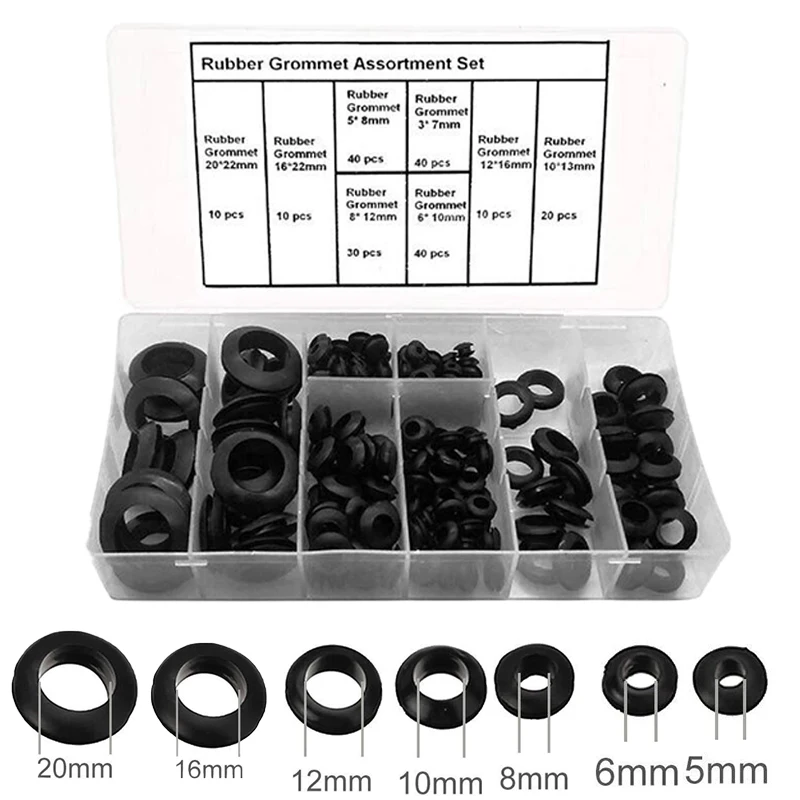 

200pcs Rubber Grommet 3/5/6/8/10/12/16/20mm Blanking Hole Wiring Cable Gasket Seal Assortment Set for Protects Wire Cable