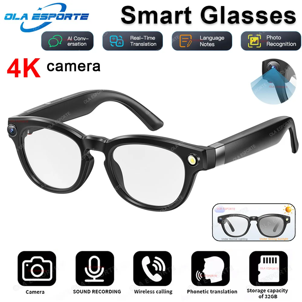 4K HD AI Smart Glasses 32GB Storage HD Camera Bluetooth Call Voice Assistant Control Smart Glasses Earphone Sunglasses Men Women