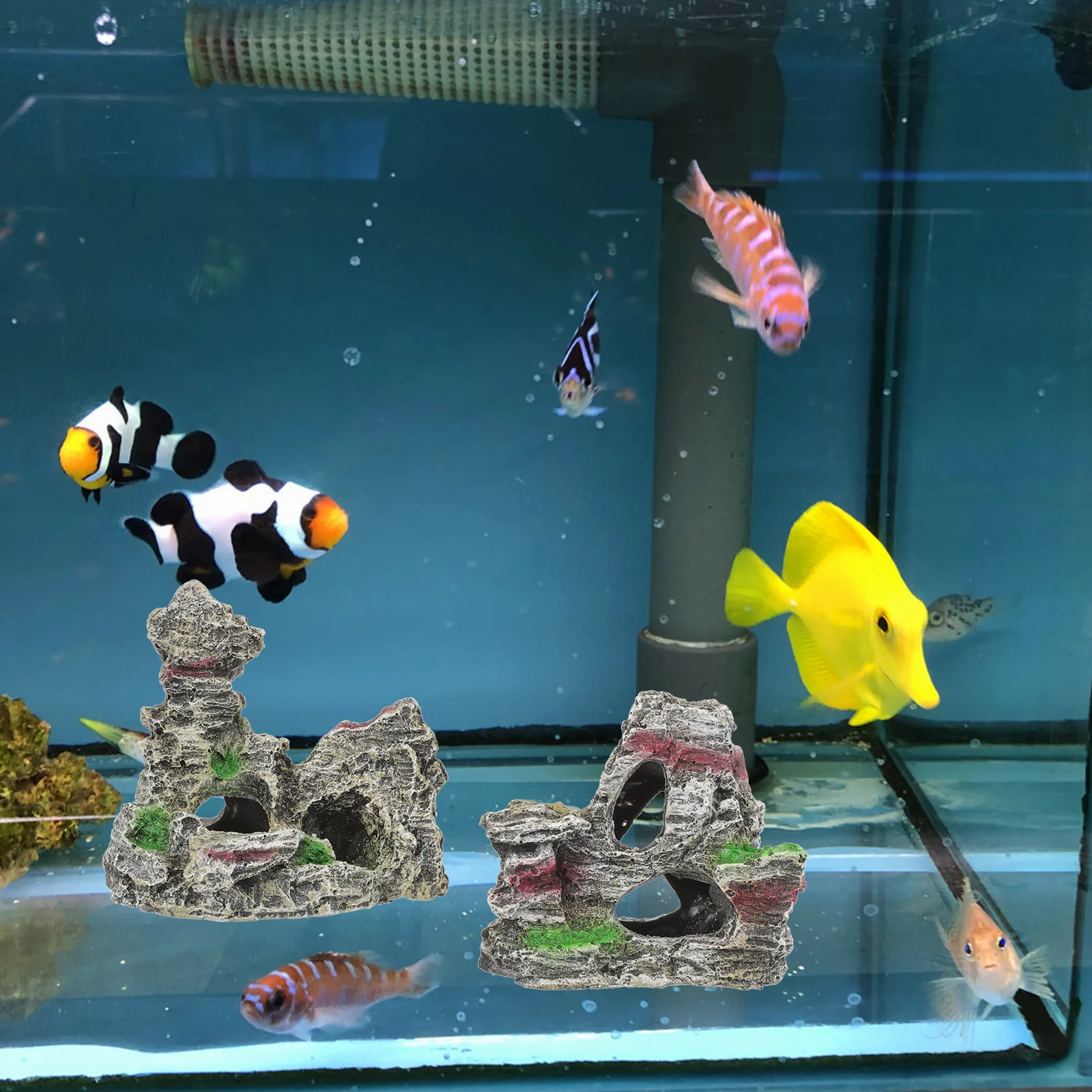 

2Pcs Fish Tank Small Artificial Rockery Mossy Mountain Cave Aquarium Decoration Resin Aquarium Ornament for Home Pond