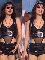 Sisterlinda Music Festival Fake 2-Pieces Patchwork Bodysuit Women Chest Wrapped Mesh PU Wide Waistband Midnight Clubwear Tops - Image 4