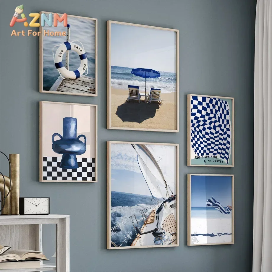 AZNM Mediterranean Coastal Ocean Scenery Canvas Wall Art Sailboat Beach Rock Lifebuoy Vase Print Nautical Style Home Living Room