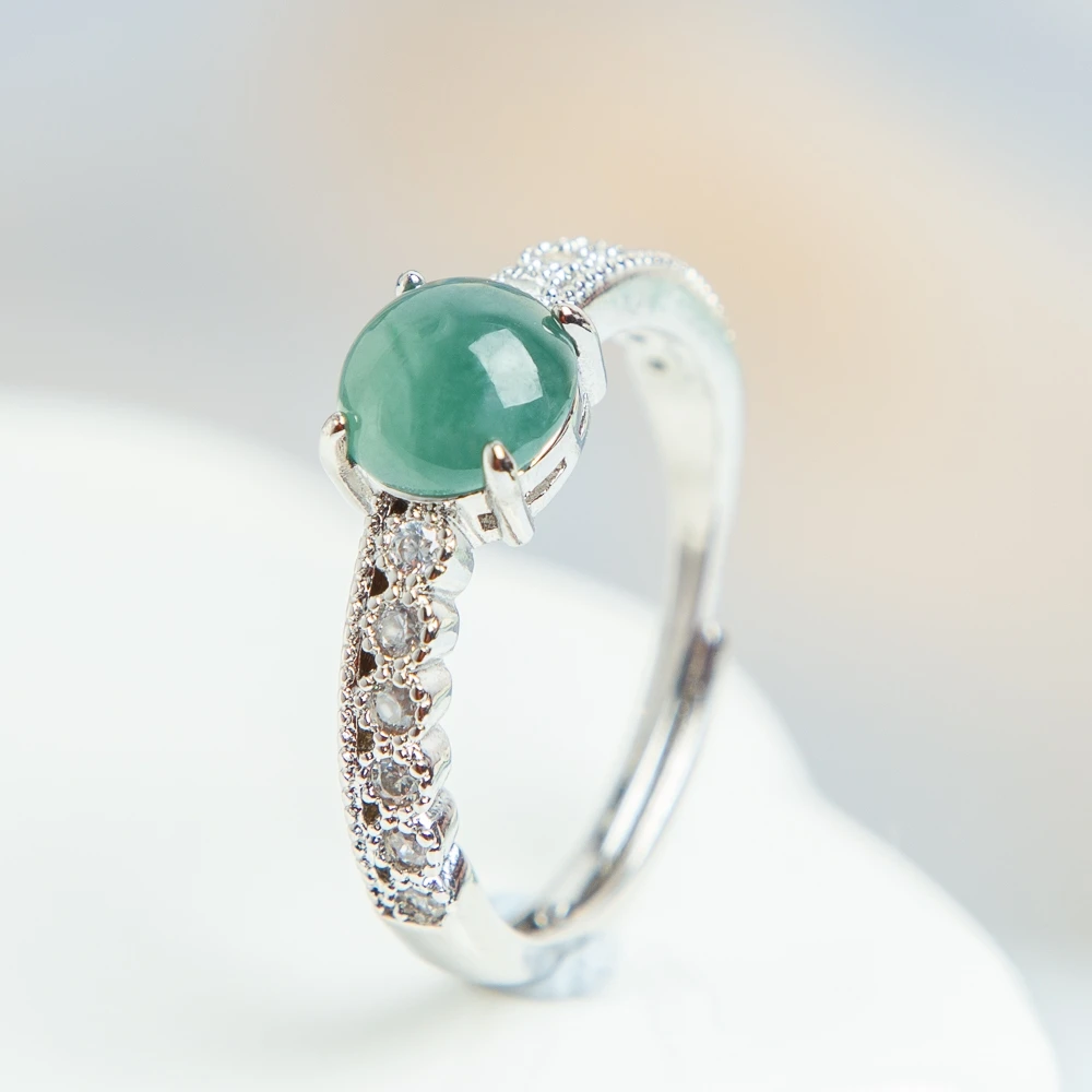 

TIMESWIND Natural A-type Jade Blue Round Bead Women Alloy Row Zircon Open Ring with Certificate