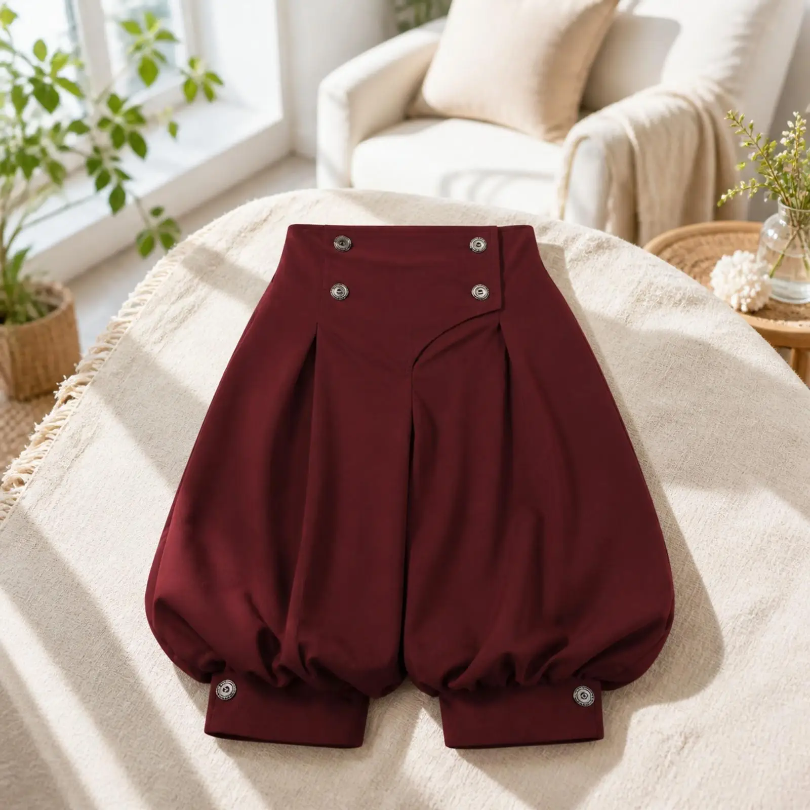 Vintage Pirate Pants for Stage Costume High Waist Balloon Silhouette Knee Length Breeches with Decorative Buttons Polyester