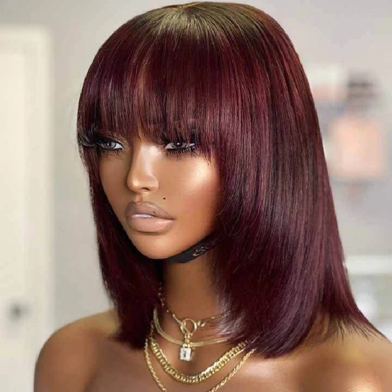 99J Short Straight Bob Wig With Bangs Vietnamese Dark Red Colored Glueless Straight Raw Human Hair Double Drawn Bob Wigs On Sale - Image 3