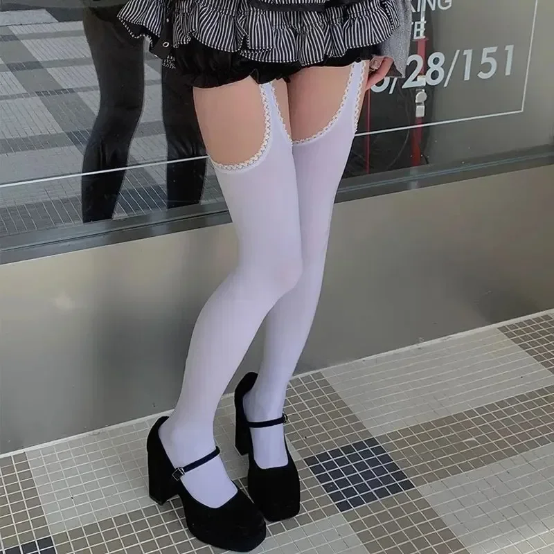 Damen-Straps-Strumpfhose aus Samt mit weitem Bund, Lolita, dünne, oberschenkelhohe Strümpfe mit Strumpfbändern, Y2K JK College-Stil, Overknee-Socken