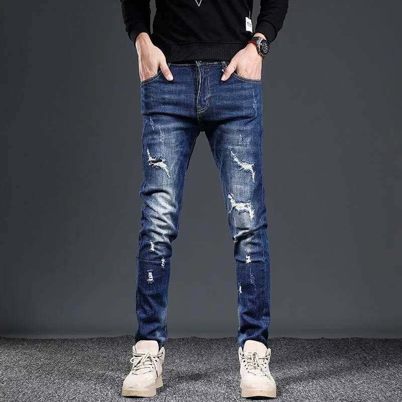 

2024 Spring and Autumn New Fashion Trend Solid Color Ripped Elastic Small Legs Men's Casual Slim Comfortable Blue Denim Pants