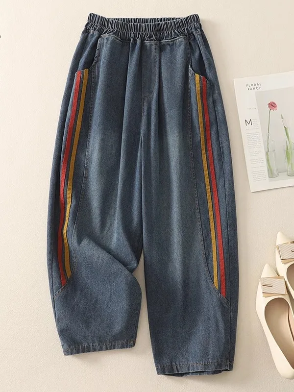 

Свободные женские джинсы с высокой талией, брюки-карго, винтажные повседневные брюки, летний сезон, брюки больших размеров, корейские брюки Харлан