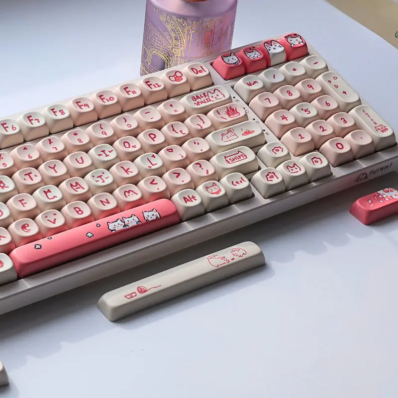 135 Keys Pink Cat Custom MOA Profile Kawaii Keycaps Dye Sublimation PBT Keycaps for Cherry MX Switches Mechanical Gamer Keyboard