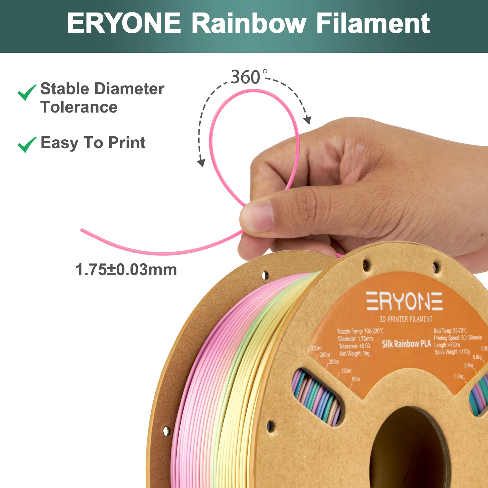 ERYONE Mini PLA Rainbow Filament 1KG Filament do drukarki 3D 1,75 mm 1KG Do drukarki 3D Drukowanie w kolorze tęczy Szybka wysyłka