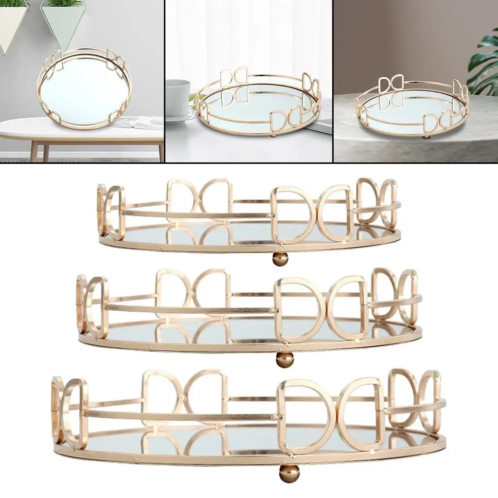 Decorative Glass Metal Tray Round Plate Mirror Decorative Cosmetics Tray Jewelry Perfume Organizer for All Occasions