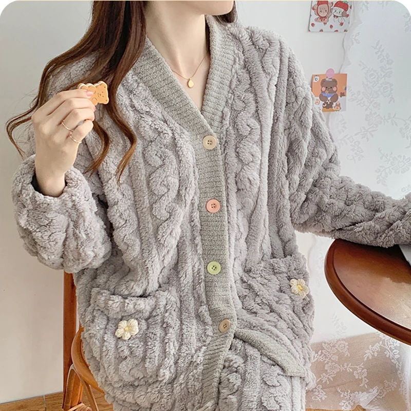 2024 Autumn Winter New Women\'s Pajama Set Flannel Thickened Warm Cute Long Sleeve Pants Two Piece Coral Fleece Home Clothes