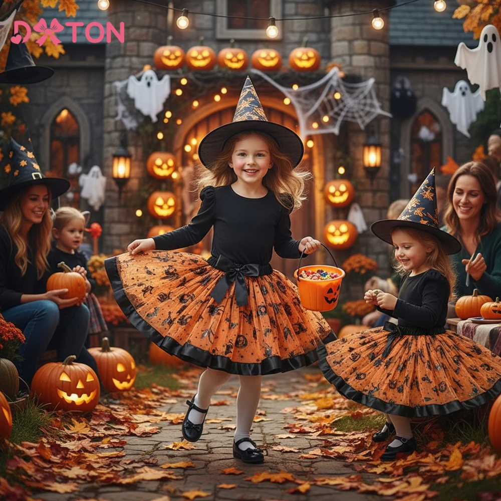 DXTON Black Bats Stars Printed Girls Skirts Mesh Fluffy Spider Children Mini Skirt Elegant Halloween Festival Kids Outfit 3-8Y