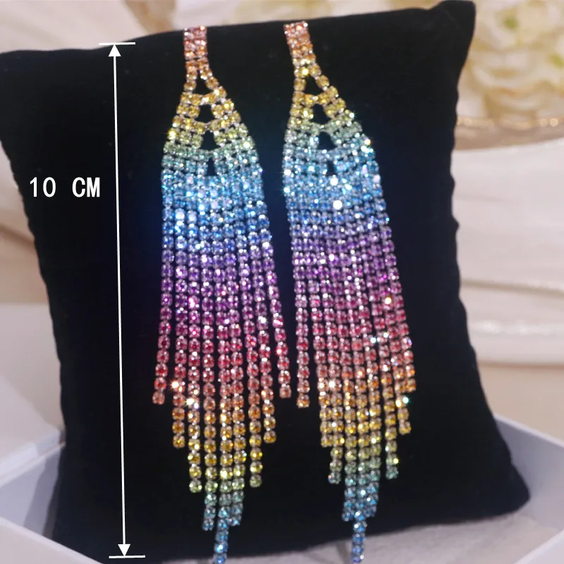 New Trendy Colorful Rhinestone Tassel Dangle Earrings for Women Statement Wedding Party Jewelry Shine Crystal Long Drop Earrings