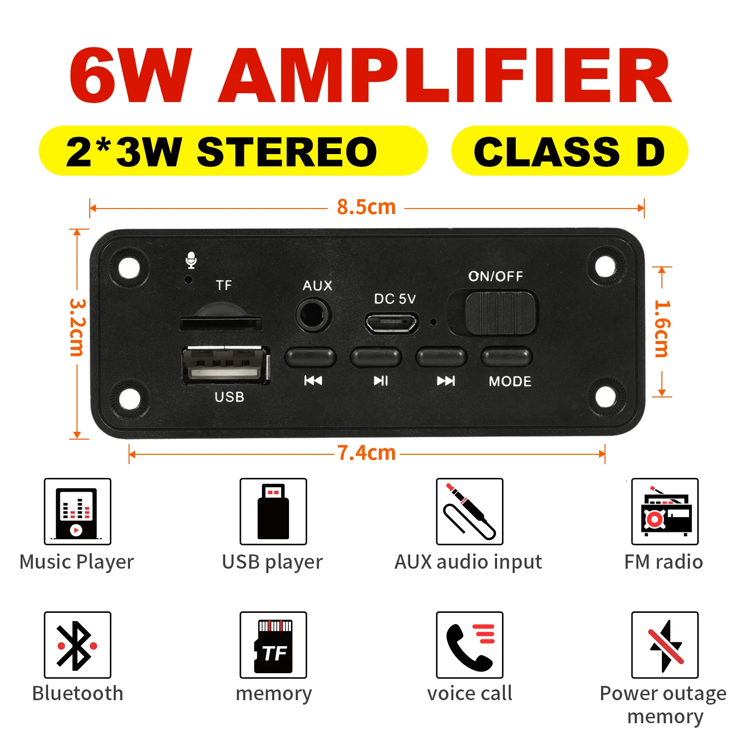 Wzmacniacz 6W Dekoder odtwarzacza MP3 Płytka 5V Bluetooth 5.0 Bezstratny format Dekoder muzyczny Moduł Samochodowe radio FM TF USB Rejestrator