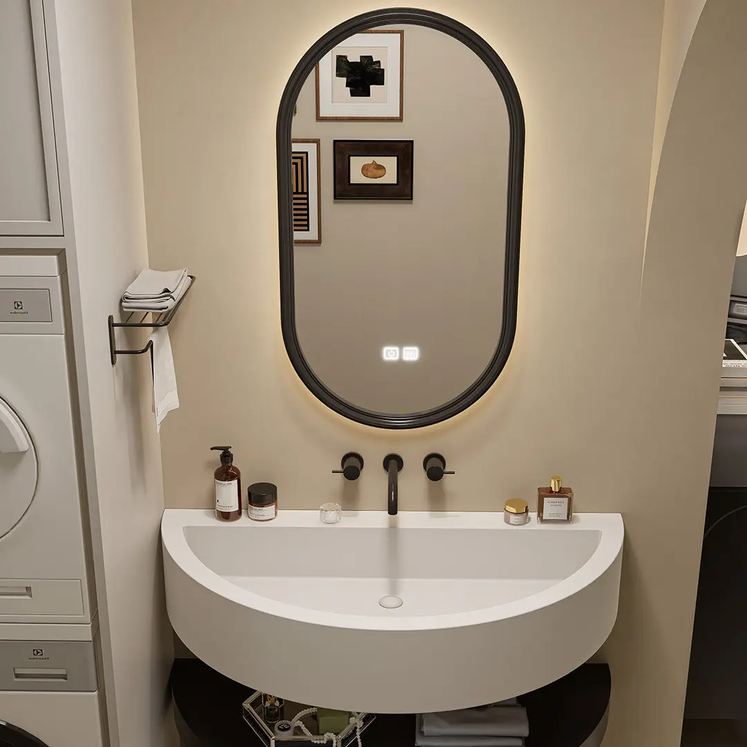 Minimalist style smart bathroom cabinet Corian integrated basin suspended curved washbasin toilet washbasin cabinet