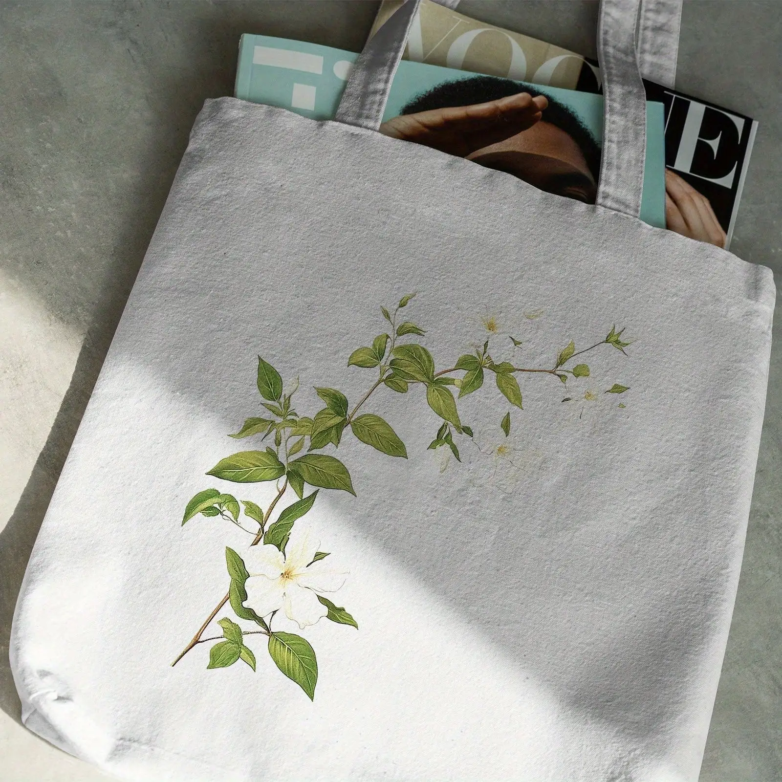 

Vintage Botanical Creeping Jasmine Vine Tote Bag - Large Handbag With & Green Floral Print, Beige//Green/Caramel/Taupe/,