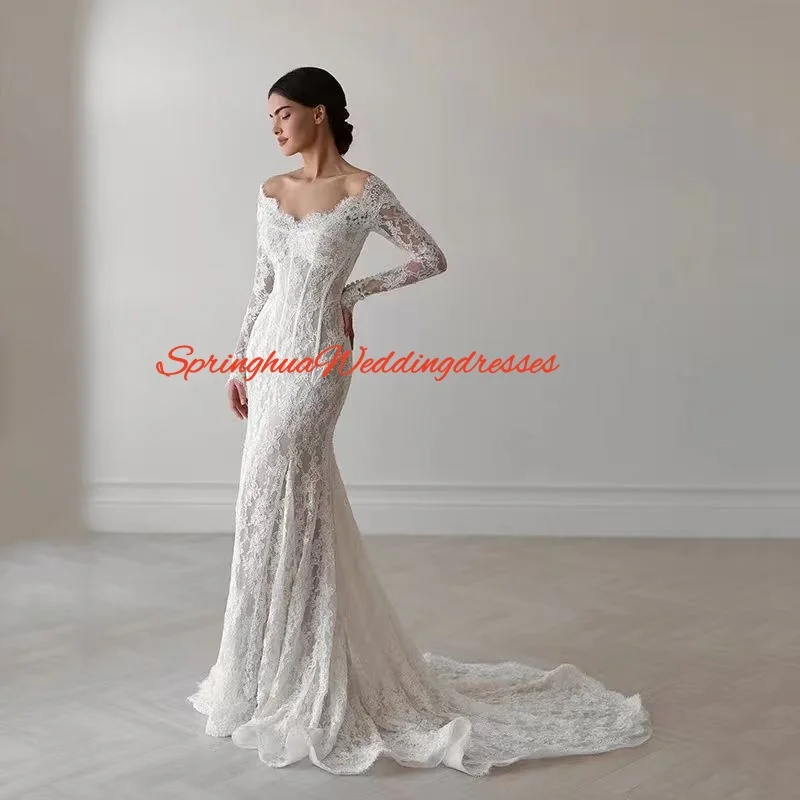 Customzied Lace Wedding Dresses Manga Larga Vestidos 2 En 1 Desmontable Boda Corset Curvy Gown Vestidos De Novia
