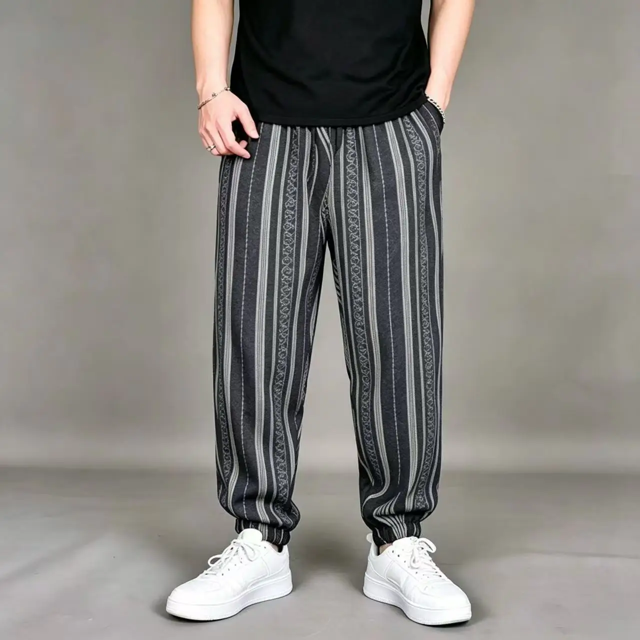 Summer Thin Striped Colorblock Men's Draped Print Ankle Banded Pants Loose Casual Versatile Harem Trousers
