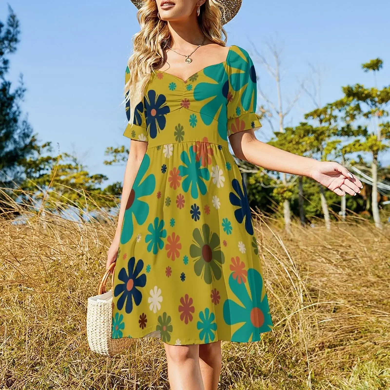 Flowerama - Retro 60s 70s Floral Pattern in Mid Mod Turquoise Teal, Khaki Green, Orange, Beige, and Mustard Sleeveless Dress