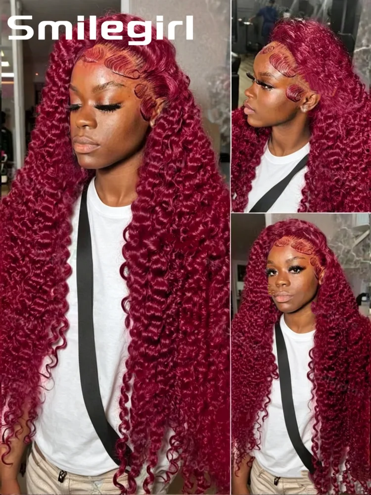 

30 Inch 99J Burgundy Deep Wave 13X6 Hd Lace Frontal Human Hair Wig 200 Density Curly Human Hair Wigs 13X4 Pre Plucked Brazilian Burgundy Colored Hair For Women