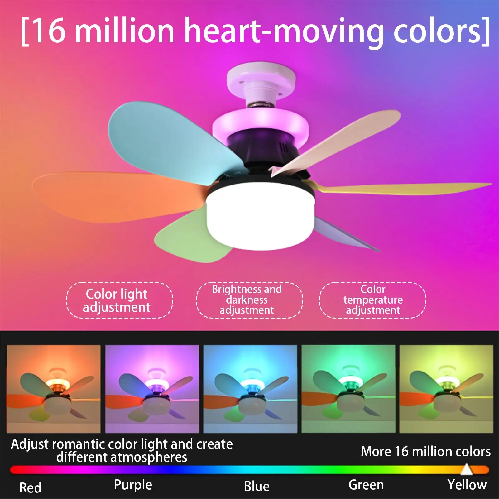 6-Blade LED Ceiling Fan Light RGB Dimmable E27 Detachable Quiet Remote Control Chandelier for Garden Bedroom Living Room