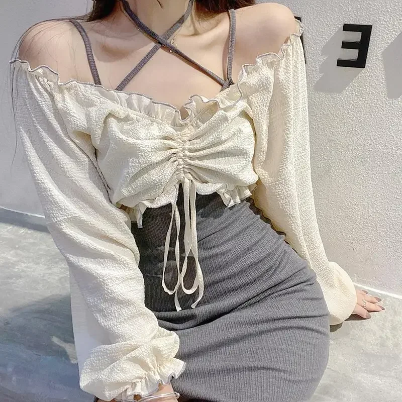 Vintage Two Piece Set Slash Neck Puff Sleeve Ruffles Draw String Crop Tops Forked Female Slim Tand Dresses Spring Sets A626