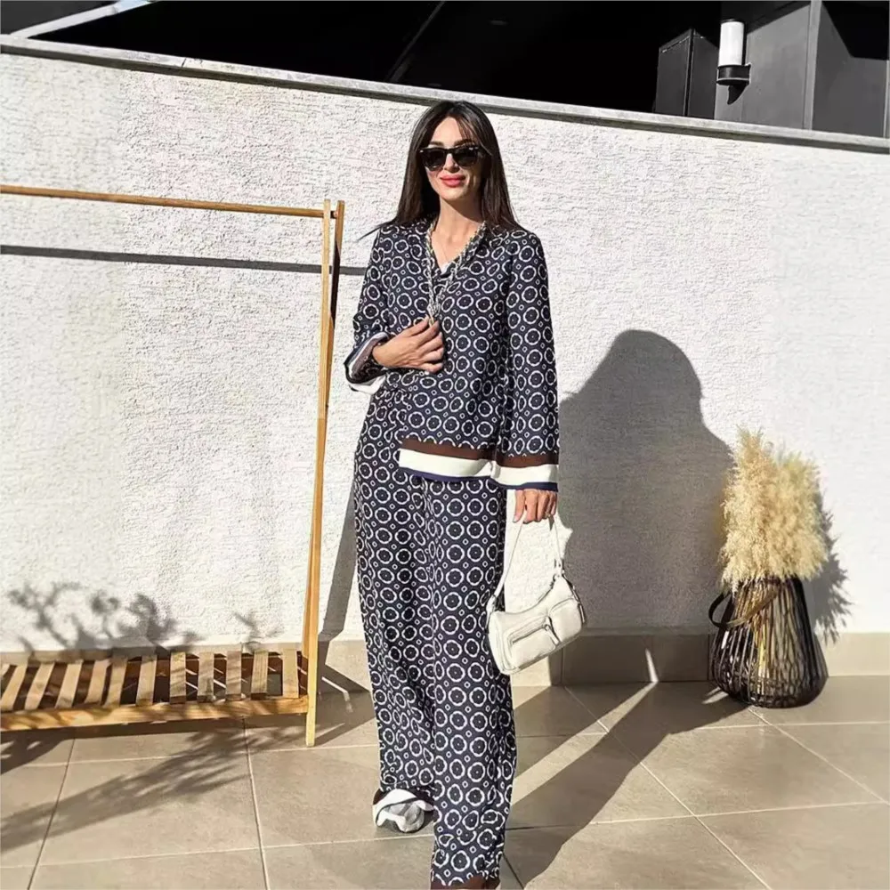 빈티지 프린트 팬츠 세트 봄 가을 여성 셔츠 + 와이드 레그 트라우저 투피스 세트 패션 트렌디 스트릿웨어 여성 정장 2025
