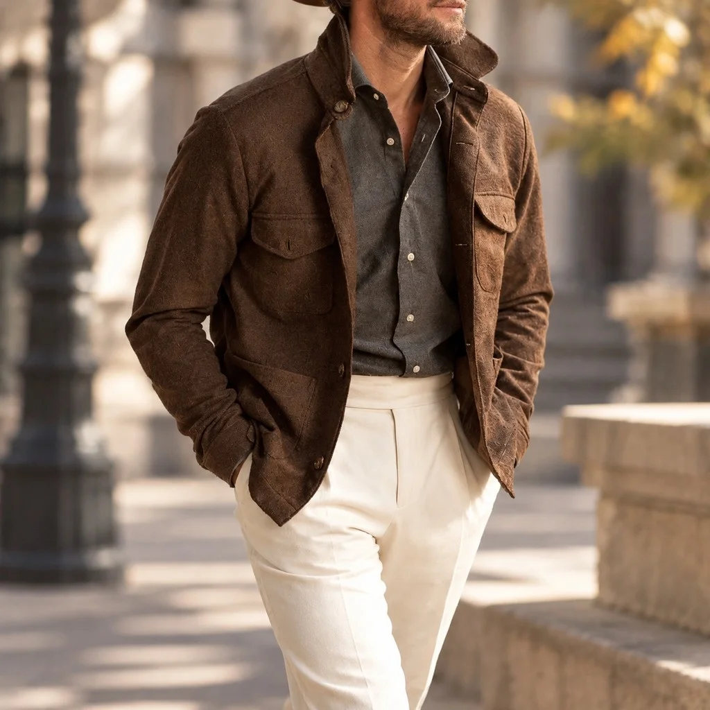 Casual Multiple Pockets Top Fitted Business Casual with Pocketed Jacket Spring Turn Down Collar Long Sleeve Autumn Men Jacket