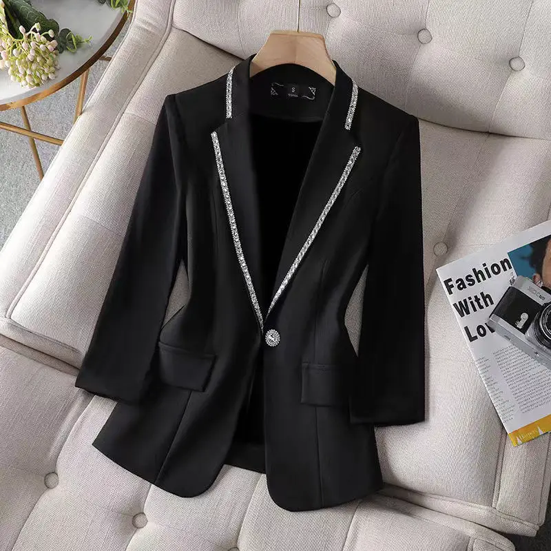 Elegante Blazer di diamanti con perline impiombate in tinta unita abbigliamento donna 2023 autunno nuovi top Casual Blazer da donna per ufficio