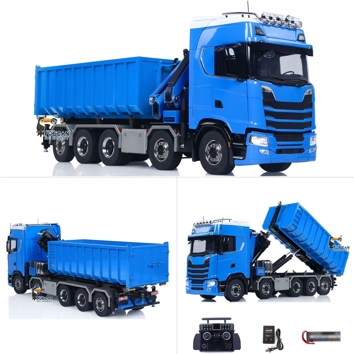 Camión Volquete RC 10x10 1/14 con Grúa Hidráulica, Chasis Metálico 770S RTR, Camión Volquete Completo con Luces, Sonido, Pintado y Ensamblado, Modelo de Juguete RC