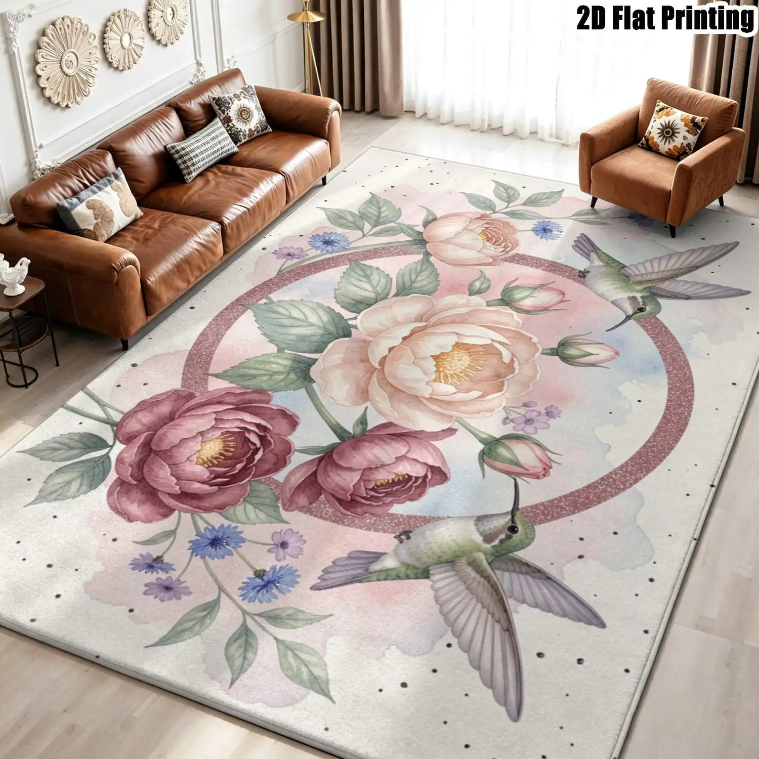 1Pc 2D Printed Carpet: Pink Purple Floral Hummingbird Patterns European/Instagram-Style Vintage Fresh Floral Floor Mat for Home Decor. Multiple Sizes, Machine Washable, Fits Entryway, Dining Room, Foyer, Bedroom, Living Room.
