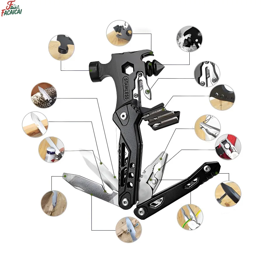 

Outdoor Multifunctional 16-in-1 Hammer Stainless Steel Utility Knife,Survival Gear&Supplies, Window Breaker Seatbelt Cutter