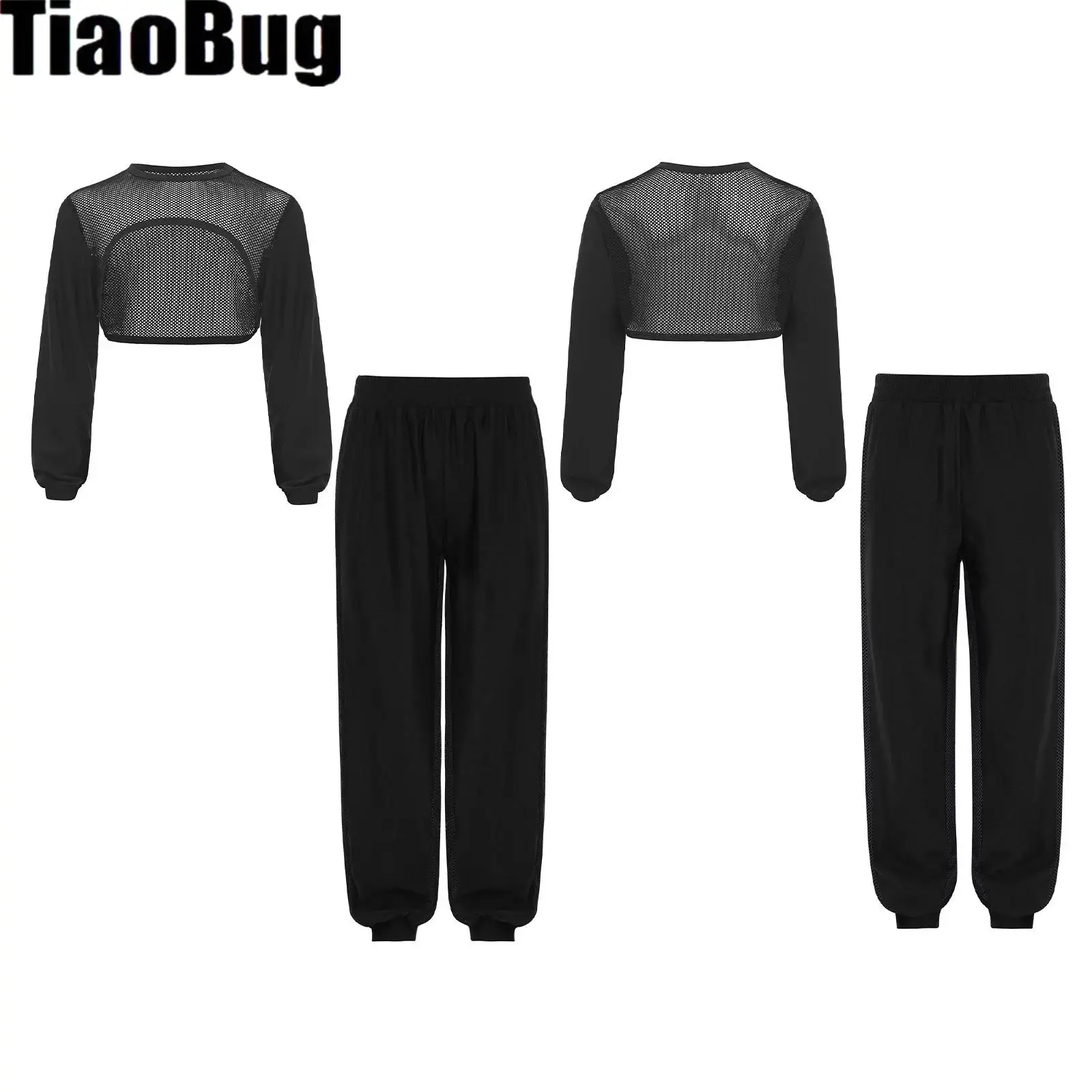 

Детский танцевальный костюм в стиле хип-хоп для девочек: сетчатый топ с асимметричным подолом и вырезами, а также брюки с эластичным поясом и контрастными вставками.