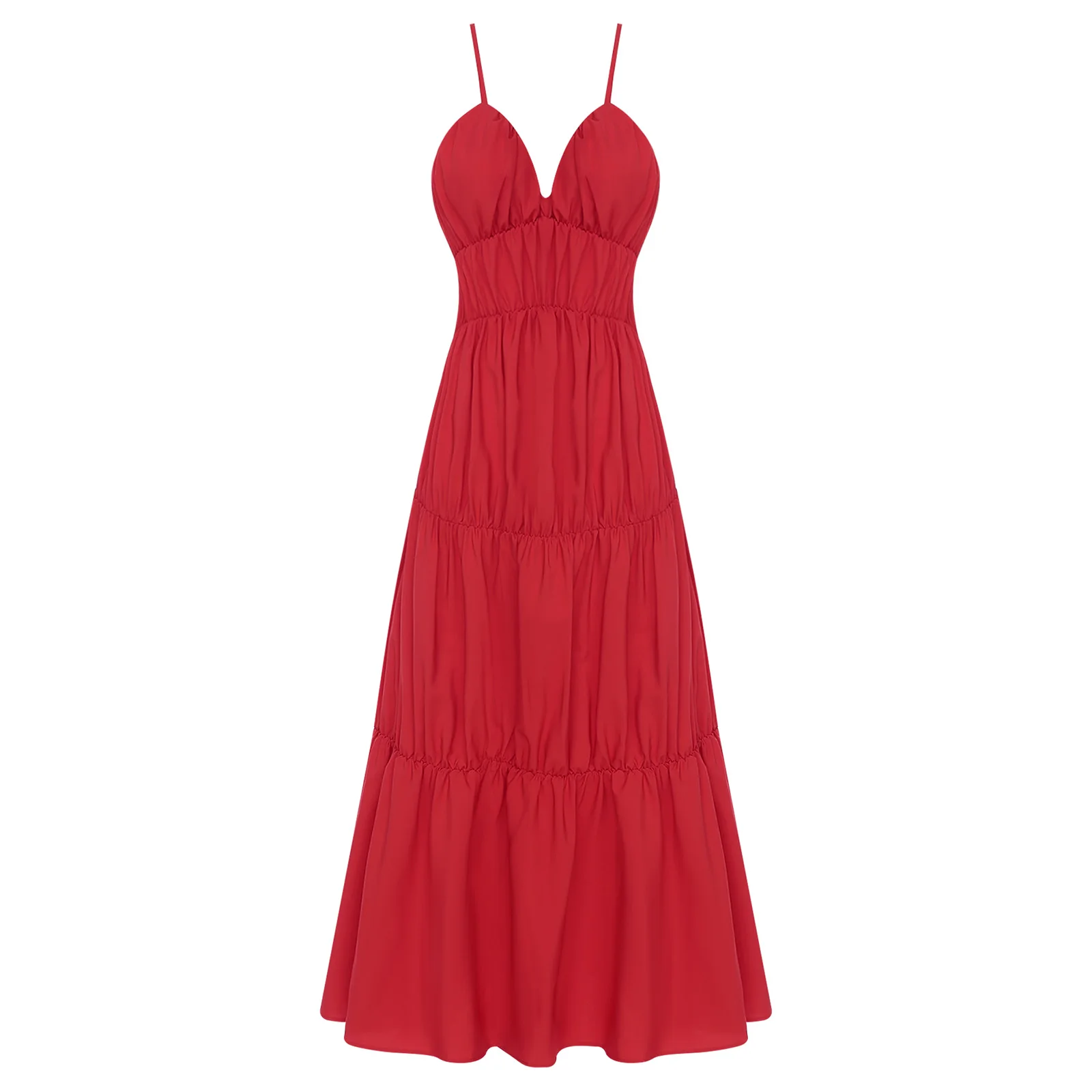 Womens Dresses Tiered Ruched Sling Maxi Dress Bohemian V Neck Backless Loose Long Dress Purity Cami Dress for Beach Vacation