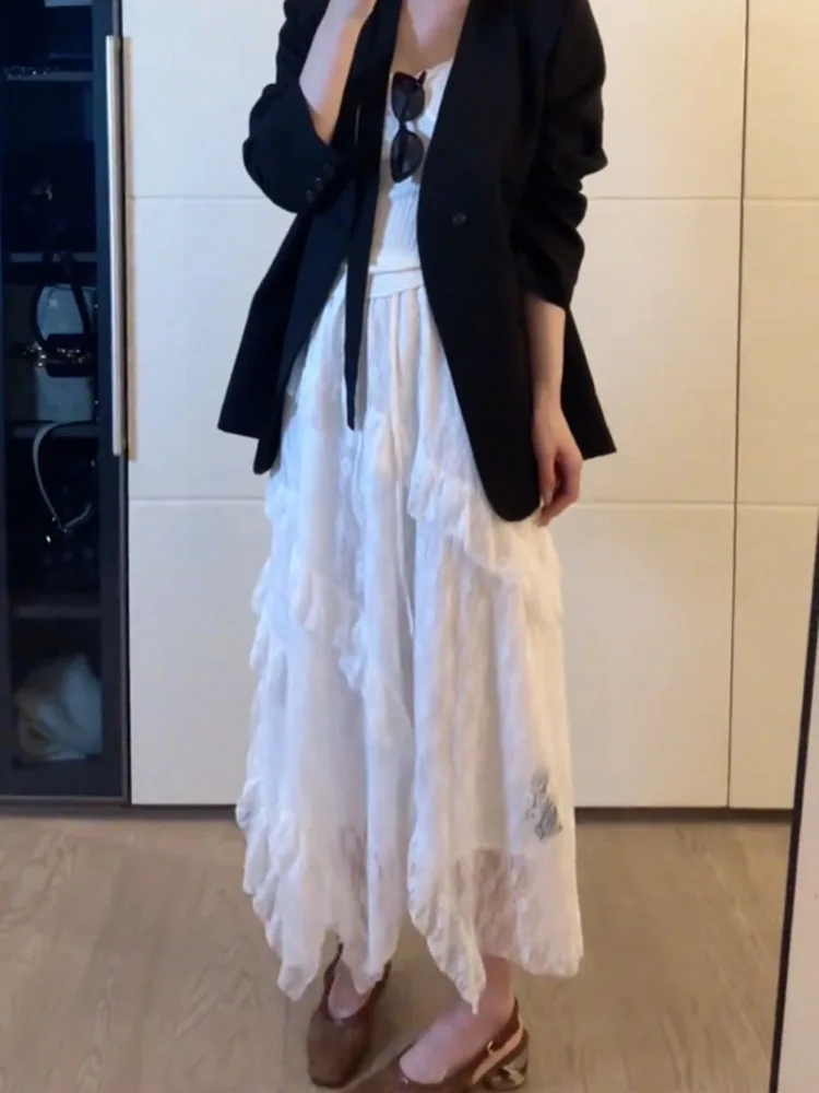 

White Lace Hook Flower Heavy Industry f Skirt High Waist Spring New Sle Irregular Ruffle Elastic Skirt Commute Korean Ve...