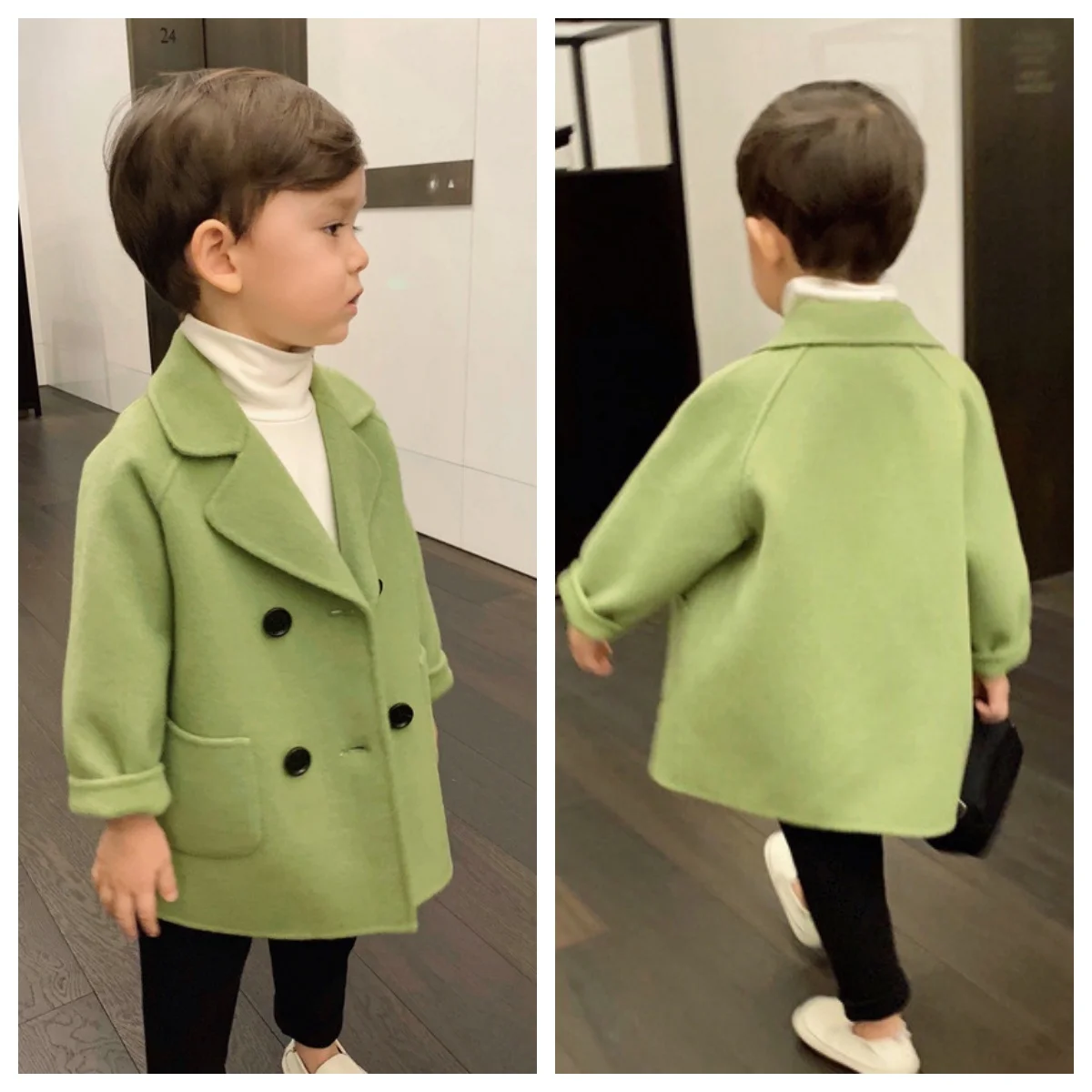 مزيج الصوف الأزرق الداكن الأطفال نمط طويل دعوى معطف الصوف الزفاف زهرة فتاة اللباس سترة