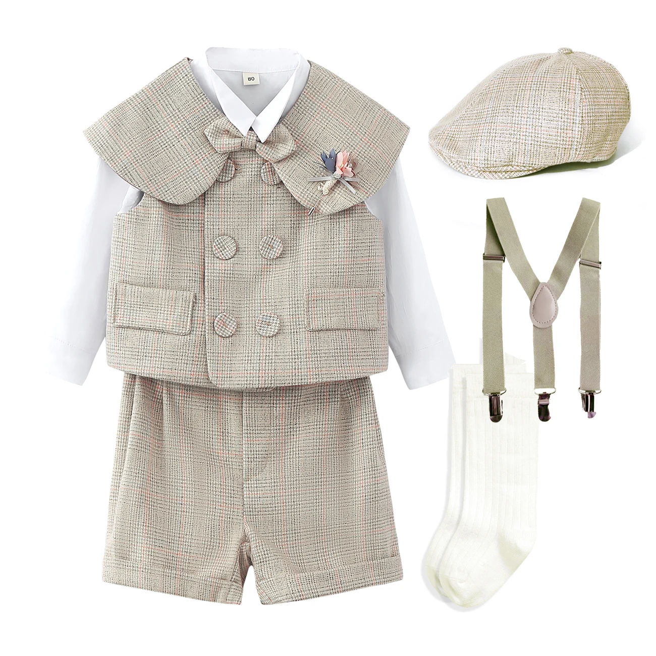 CnBeiBoom Kids Clothes Suit Baby Boy Clothing Sets for Birthday Wedding Party Children Lattice 5Pcs Outfits With Hats Boutique